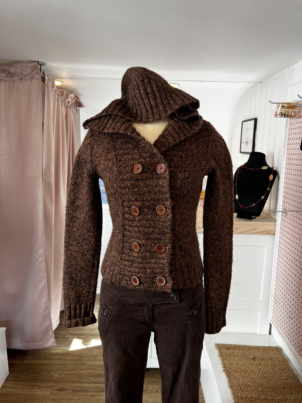 Jacob Double Breasted Brown Marled Knit Hooded Sweater Cardigan
